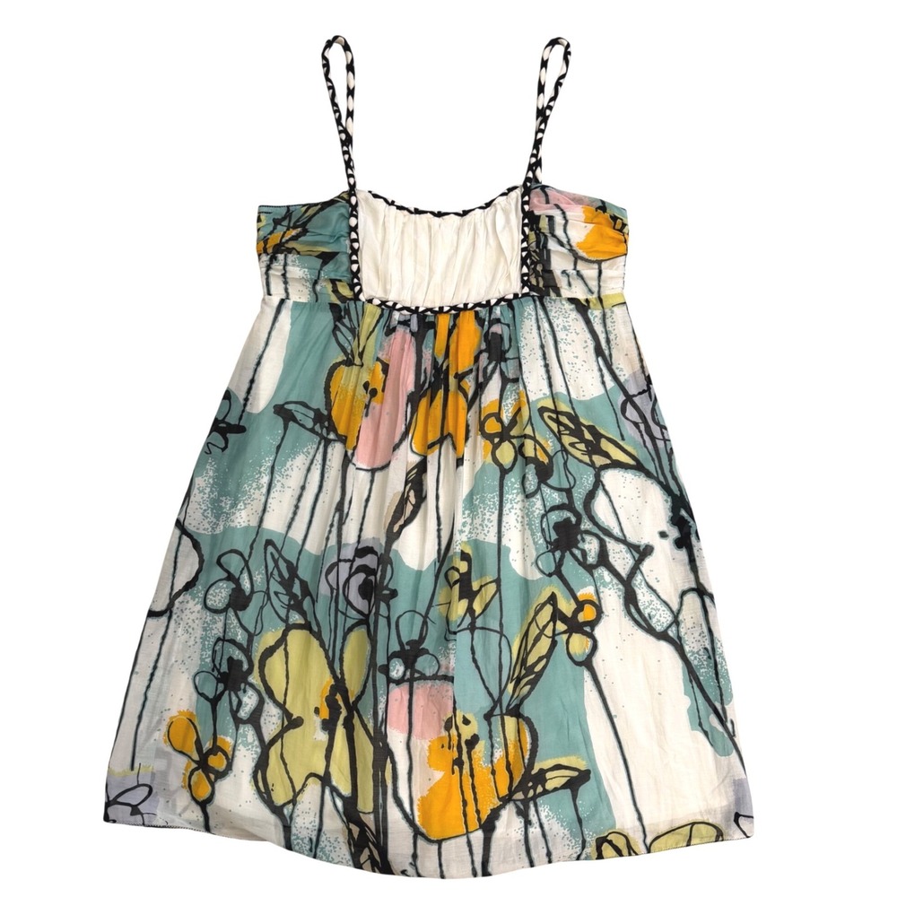 MSSP Cottagecore Silk Blend Floral Empire Waist Mini Dress Yellow Teal Womens M